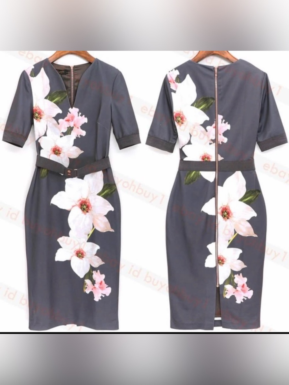 Ted Baker Gray Midi Dress with White Floral Print